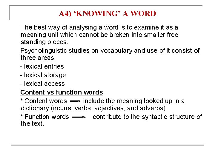 A 4) ‘KNOWING’ A WORD The best way of analysing a word is to