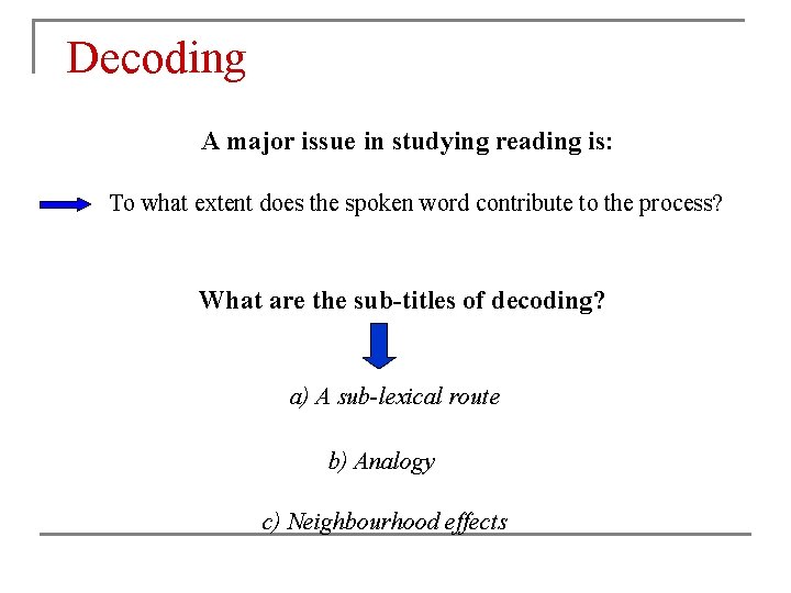 Decoding A major issue in studying reading is: To what extent does the spoken