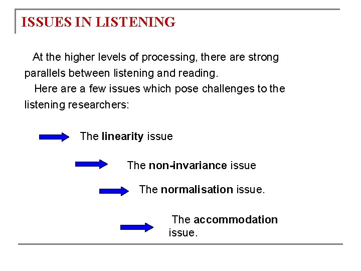 ISSUES IN LISTENING At the higher levels of processing, there are strong parallels between
