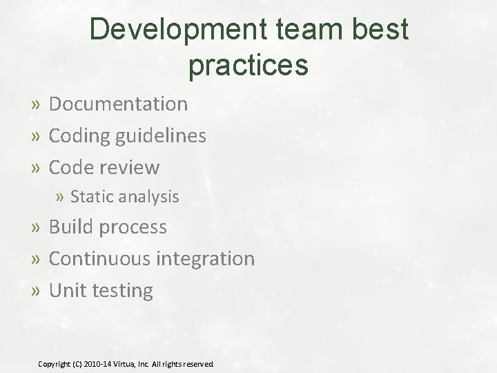 Development team best practices » Documentation » Coding guidelines » Code review » Static