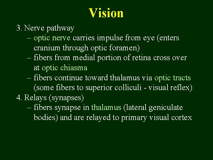 Vision 3. Nerve pathway – optic nerve carries impulse from eye (enters cranium through
