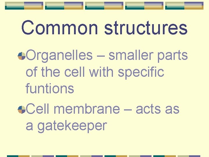 Common structures Organelles – smaller parts of the cell with specific funtions Cell membrane