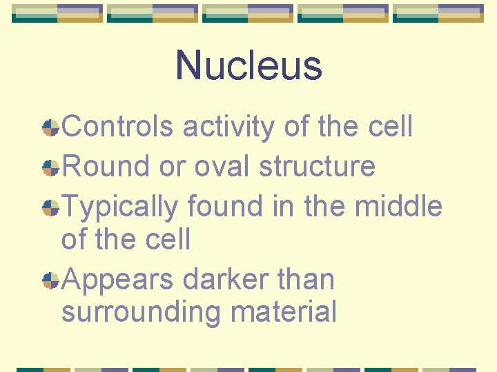 Nucleus Controls activity of the cell Round or oval structure Typically found in the