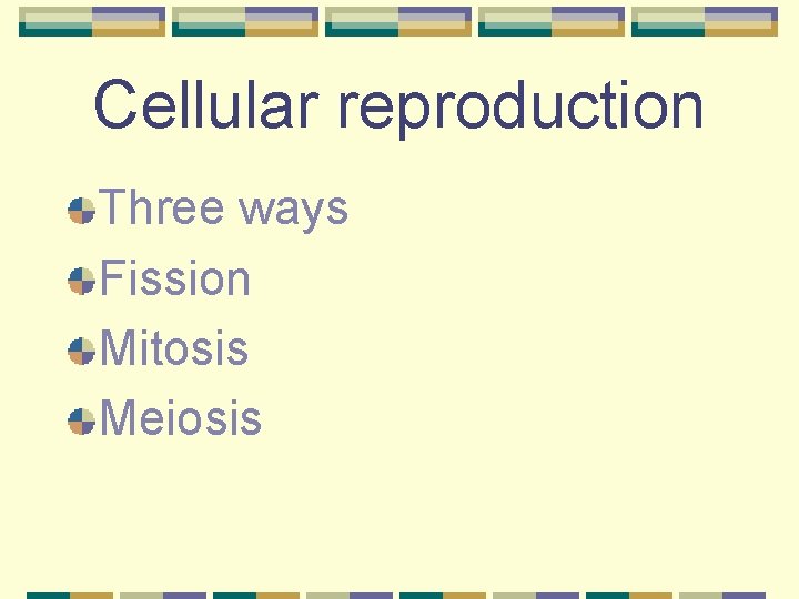Cellular reproduction Three ways Fission Mitosis Meiosis 