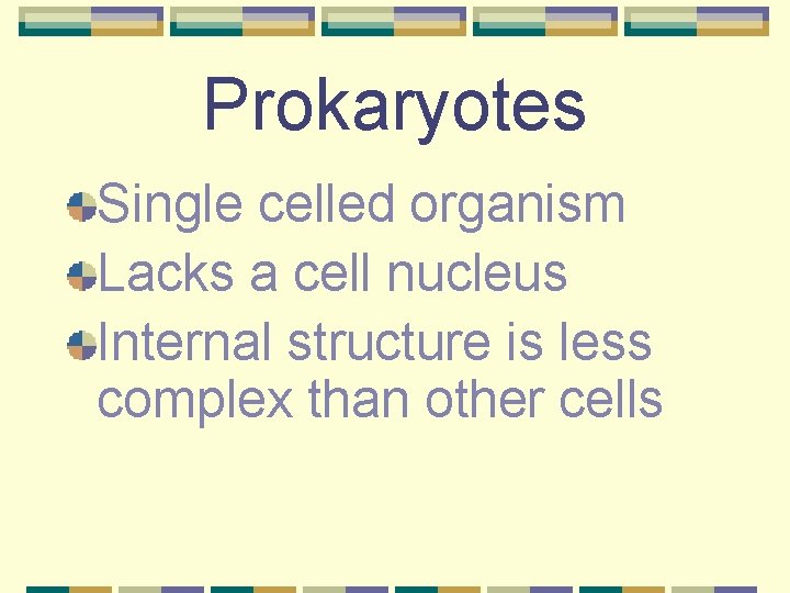 Prokaryotes Single celled organism Lacks a cell nucleus Internal structure is less complex than