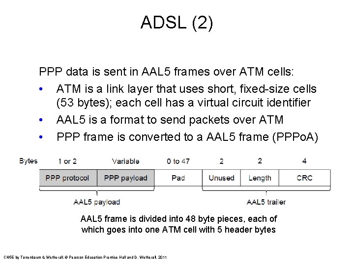 ADSL (2) PPP data is sent in AAL 5 frames over ATM cells: •