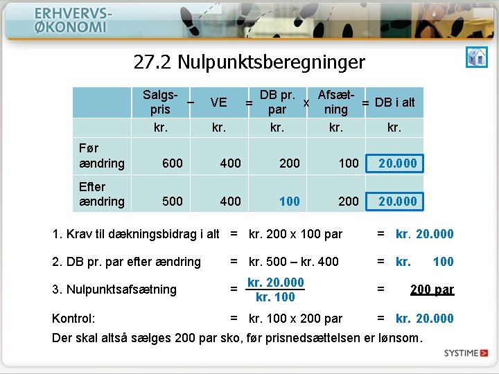 27. 2 Nulpunktsberegninger Salgs– pris kr. VE = kr. DB pr. Afsæt. DB i
