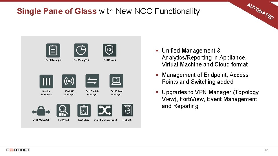 Single Pane of Glass with New NOC Functionality Forti. Manager Forti. Analyzer AU TO