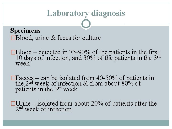 Laboratory diagnosis Specimens �Blood, urine & feces for culture �Blood – detected in 75