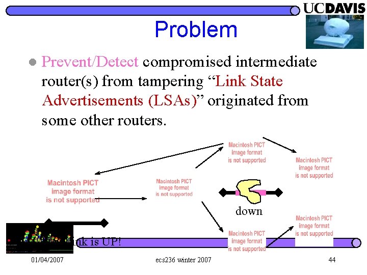 Problem l Prevent/Detect compromised intermediate router(s) from tampering “Link State Advertisements (LSAs)” originated from