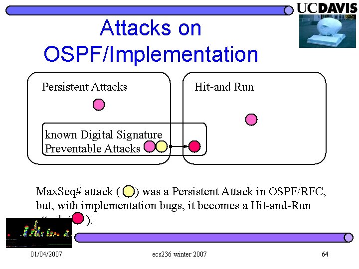 Attacks on OSPF/Implementation Persistent Attacks Hit-and Run known Digital Signature Preventable Attacks Max. Seq#
