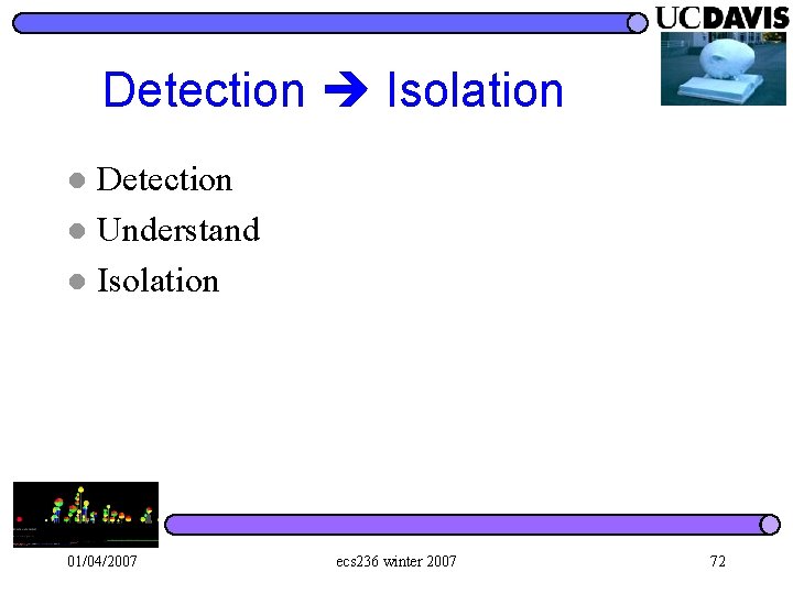 Detection Isolation Detection l Understand l Isolation l 01/04/2007 ecs 236 winter 2007 72