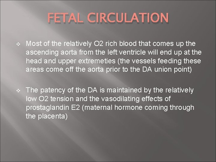 FETAL CIRCULATION v Most of the relatively O 2 rich blood that comes up