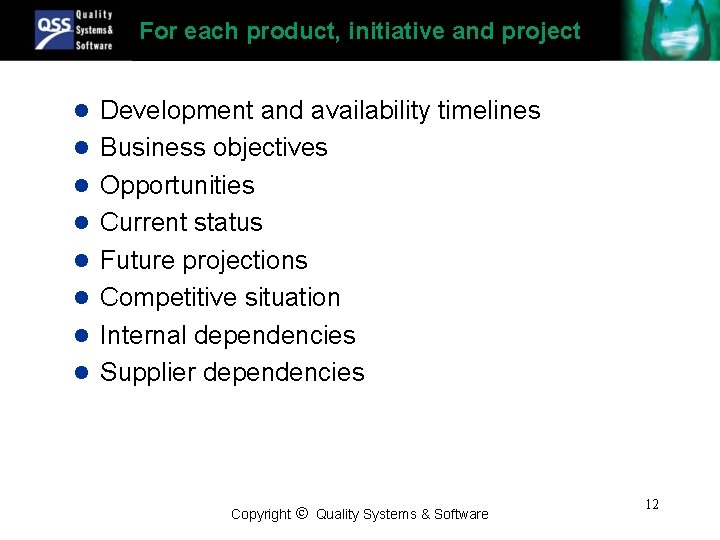 For each product, initiative and project l Development and availability timelines l Business objectives