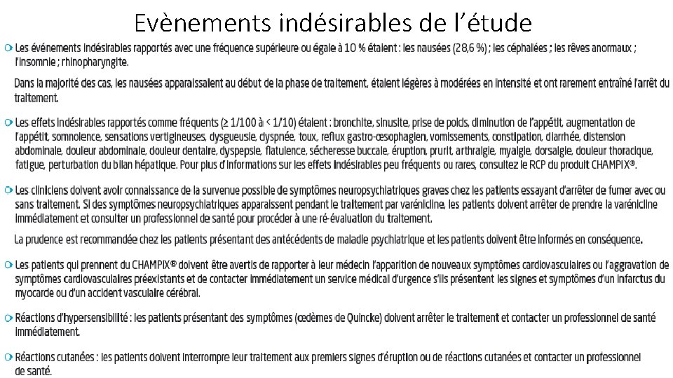 Evènements indésirables de l’étude 