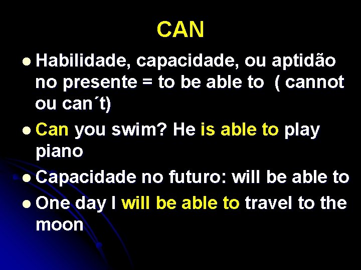 CAN l Habilidade, capacidade, ou aptidão no presente = to be able to (