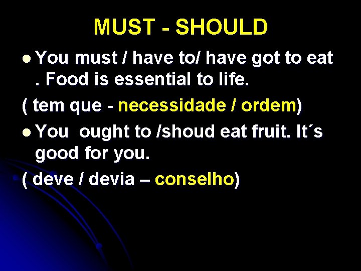 MUST - SHOULD l You must / have to/ have got to eat .