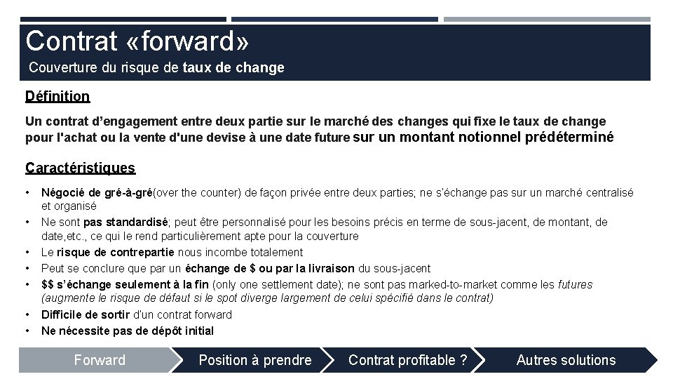 Contrat «forward» Couverture du risque de taux de change Définition Un contrat d’engagement entre