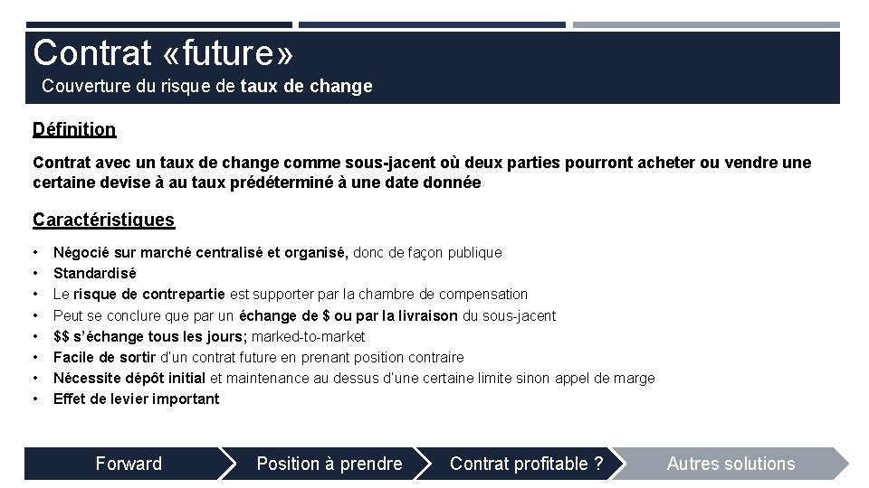 Contrat «future» Couverture du risque de taux de change Définition Contrat avec un taux