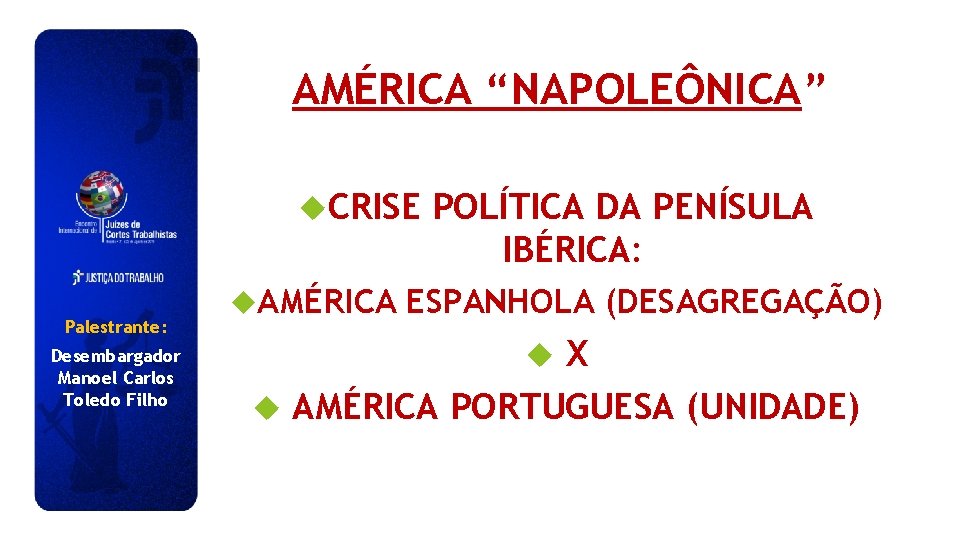 AMÉRICA “NAPOLEÔNICA” CRISE Palestrante: Desembargador Manoel Carlos Toledo Filho AMÉRICA POLÍTICA DA PENÍSULA IBÉRICA: