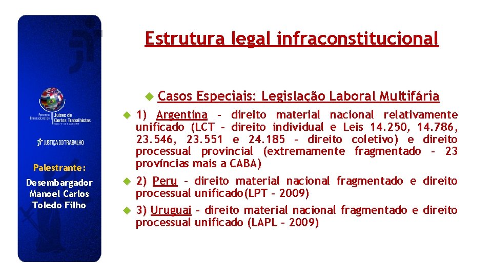 Estrutura legal infraconstitucional Casos 1) Argentina – direito material nacional relativamente unificado (LCT -