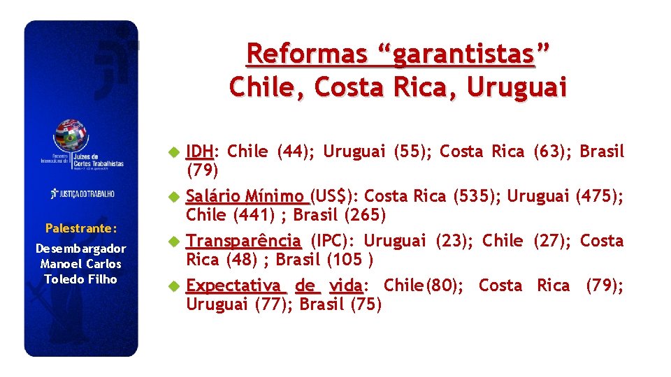 Reformas “garantistas” Chile, Costa Rica, Uruguai IDH: IDH Palestrante: Desembargador Manoel Carlos Toledo Filho