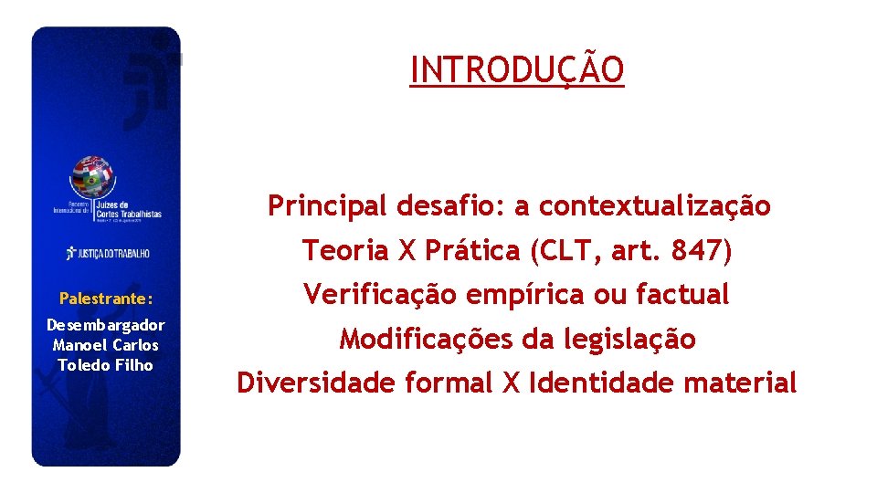 INTRODUÇÃO Principal desafio: a contextualização Teoria X Prática (CLT, art. 847) Palestrante: Verificação empírica