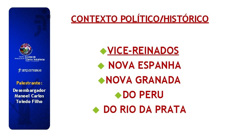 CONTEXTO POLÍTICO/HISTÓRICO VICE-REINADOS NOVA ESPANHA NOVA GRANADA DO PERU DO RIO DA PRATA Palestrante: