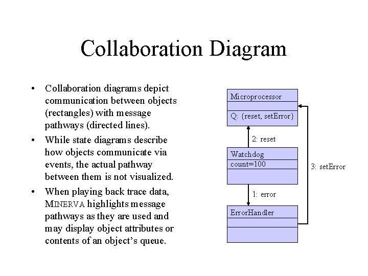 Collaboration Diagram • Collaboration diagrams depict communication between objects (rectangles) with message pathways (directed