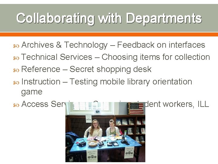 Collaborating with Departments Archives & Technology – Feedback on interfaces Technical Services – Choosing