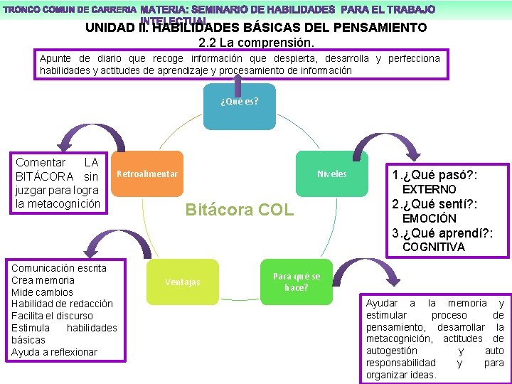 UNIDAD II. HABILIDADES BÁSICAS DEL PENSAMIENTO 2. 2 La comprensión. Apunte de diario que