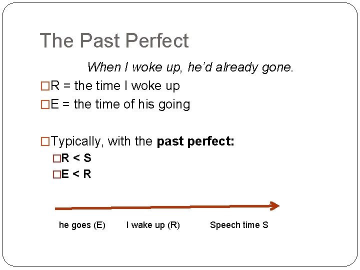 The Past Perfect When I woke up, he’d already gone. �R = the time