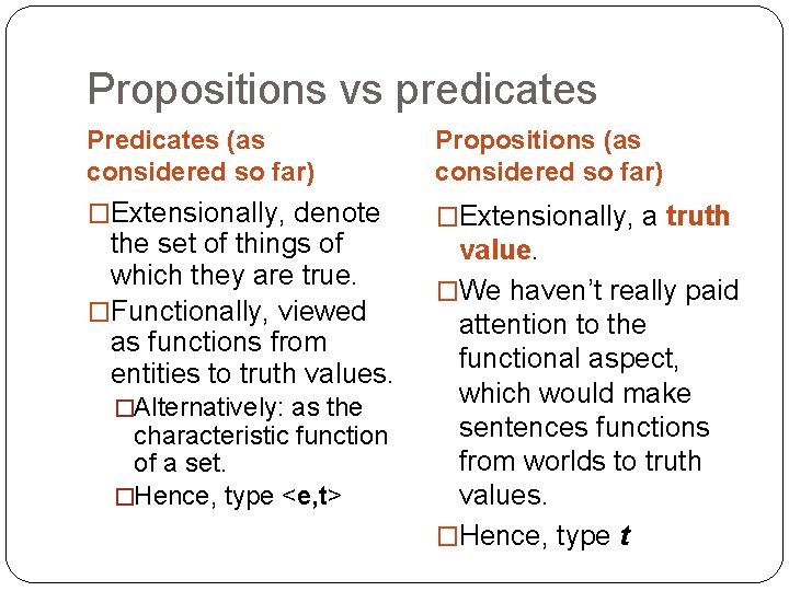 Propositions vs predicates Predicates (as considered so far) Propositions (as considered so far) �Extensionally,