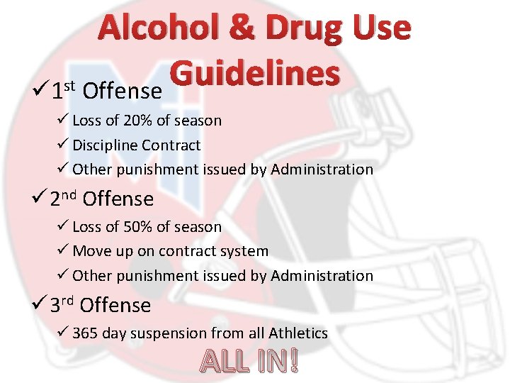 Alcohol & Drug Use Guidelines st ü 1 Offense ü Loss of 20% of