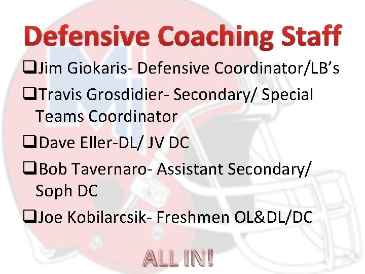 Defensive Coaching Staff q. Jim Giokaris- Defensive Coordinator/LB’s q. Travis Grosdidier- Secondary/ Special Teams