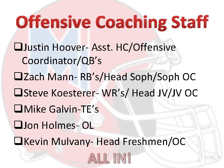 Offensive Coaching Staff q. Justin Hoover- Asst. HC/Offensive Coordinator/QB’s q. Zach Mann- RB’s/Head Soph/Soph
