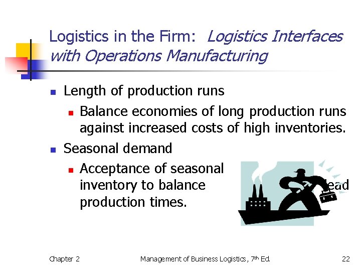 Logistics in the Firm: Logistics Interfaces with Operations Manufacturing n n Length of production