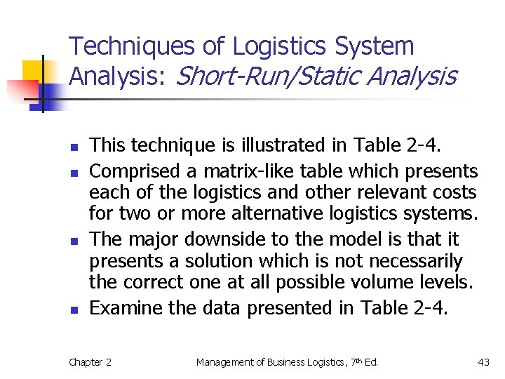 Techniques of Logistics System Analysis: Short-Run/Static Analysis n n This technique is illustrated in