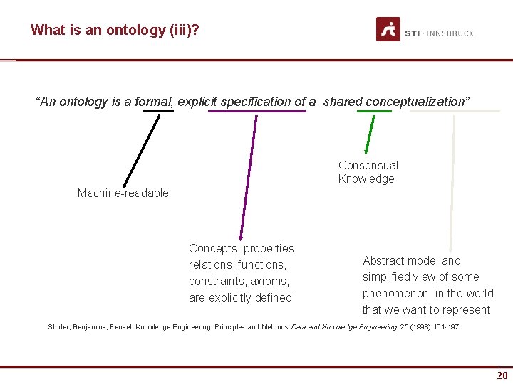 What is an ontology (iii)? “An ontology is a formal, explicit specification of a