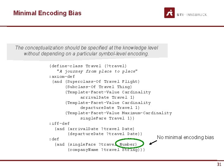 Minimal Encoding Bias The conceptualization should be specified at the knowledge level without depending