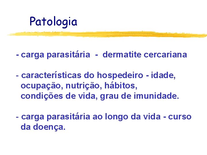 Patologia - carga parasitária - dermatite cercariana - características do hospedeiro - idade, ocupação,