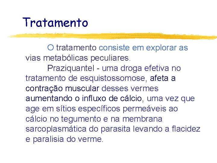 Tratamento O tratamento consiste em explorar as vias metabólicas peculiares. Praziquantel - uma droga