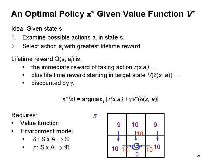 An Optimal Policy p* Given Value Function V* Idea: Given state s 1. Examine