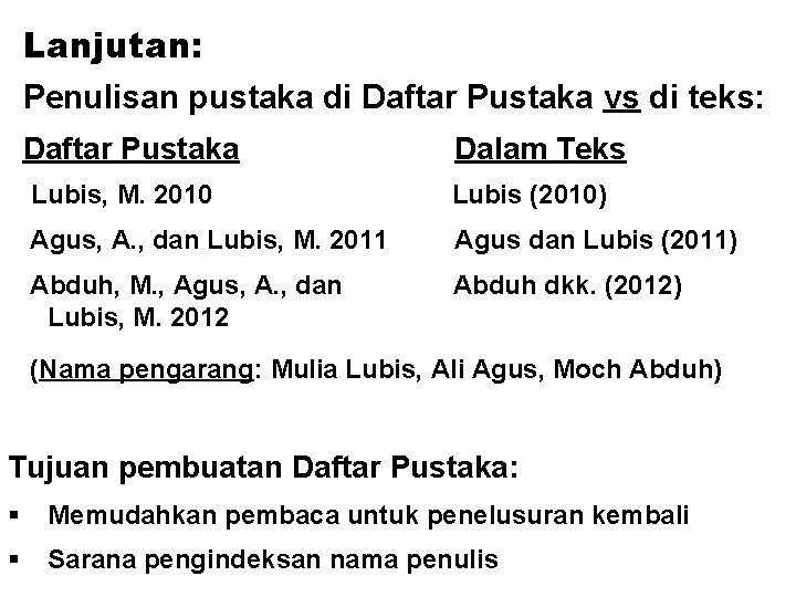 Lanjutan: Penulisan pustaka di Daftar Pustaka vs di teks: Daftar Pustaka Dalam Teks Lubis,