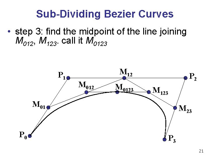 Sub-Dividing Bezier Curves • step 3: find the midpoint of the line joining M Sub-Dividing Bezier Curves • step 3: find the midpoint of the line joining M