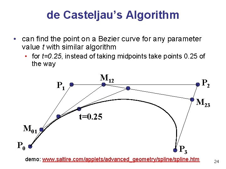de Casteljau’s Algorithm • can find the point on a Bezier curve for any de Casteljau’s Algorithm • can find the point on a Bezier curve for any