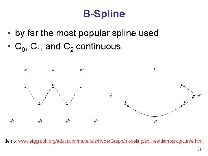 B-Spline • by far the most popular spline used • C 0, C 1, B-Spline • by far the most popular spline used • C 0, C 1,