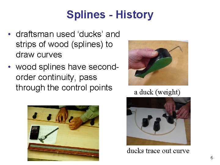 Splines - History • draftsman used ‘ducks’ and strips of wood (splines) to draw Splines - History • draftsman used ‘ducks’ and strips of wood (splines) to draw