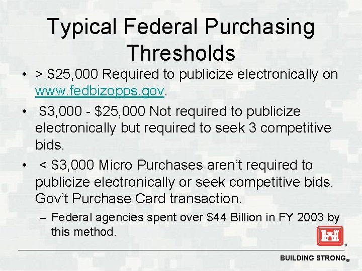 Typical Federal Purchasing Thresholds • > $25, 000 Required to publicize electronically on www.