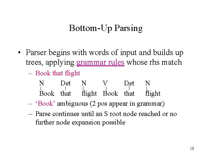 Bottom-Up Parsing • Parser begins with words of input and builds up trees, applying